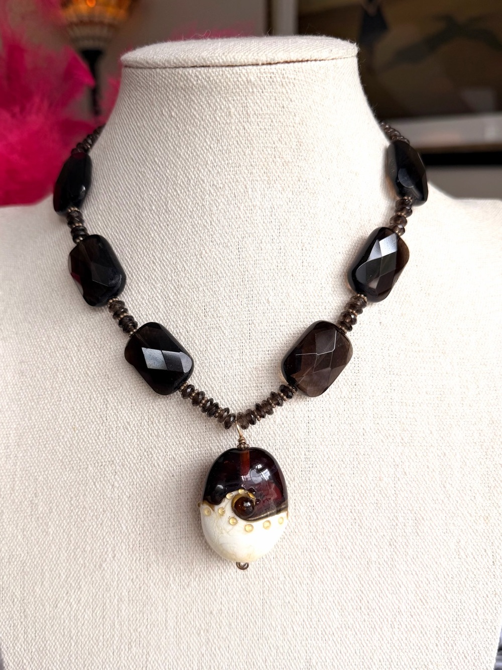 Artisan Art Glass Smoky Brown Statement Necklace Gold Tone 17”